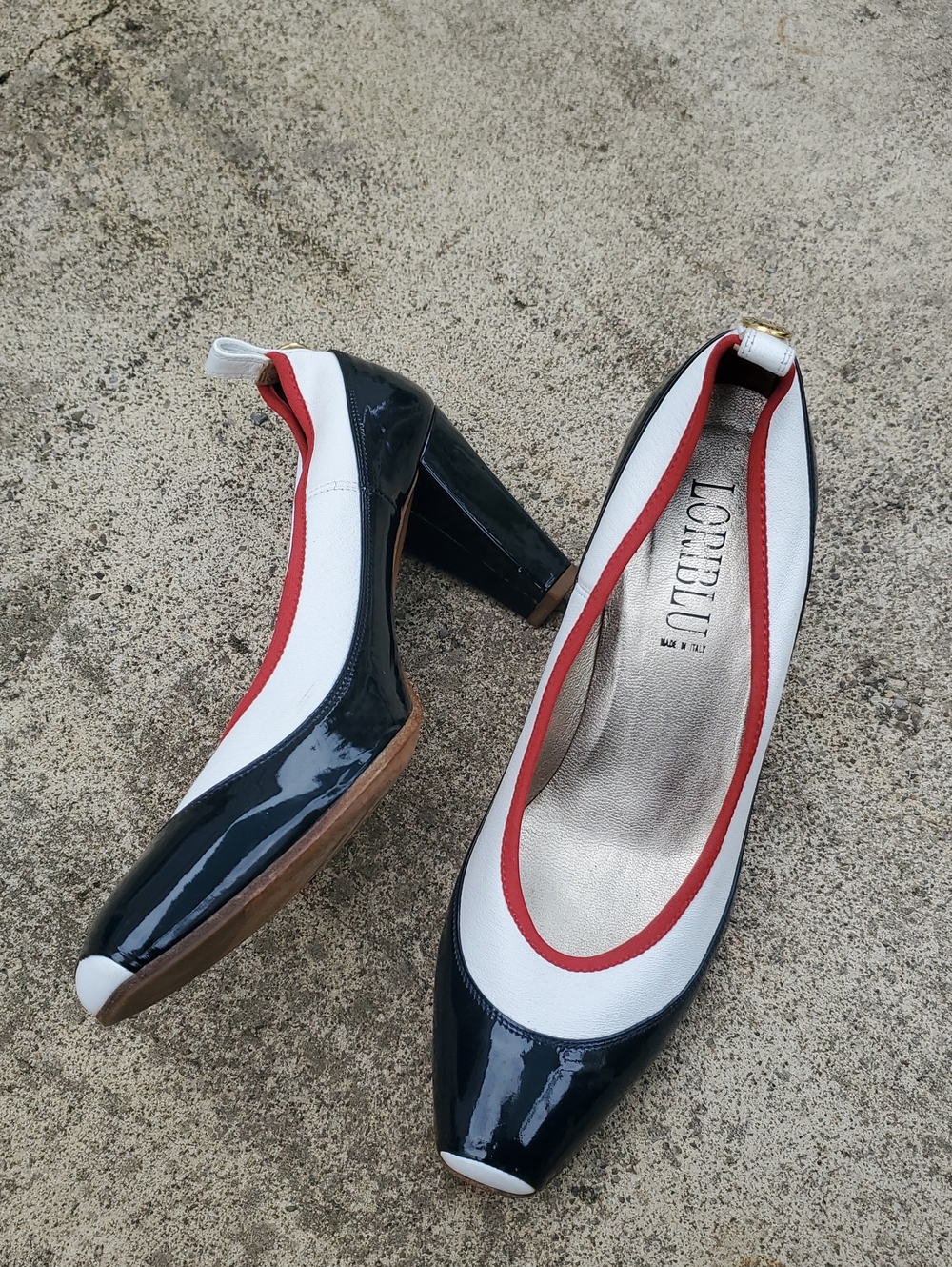 L'Obreliu Women's Black & White Block Heel Pumps with Red Trim